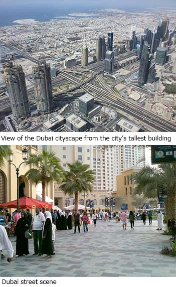 View of the Dubai cityscape from the city’s tallest building
                                                  Dubai street scene